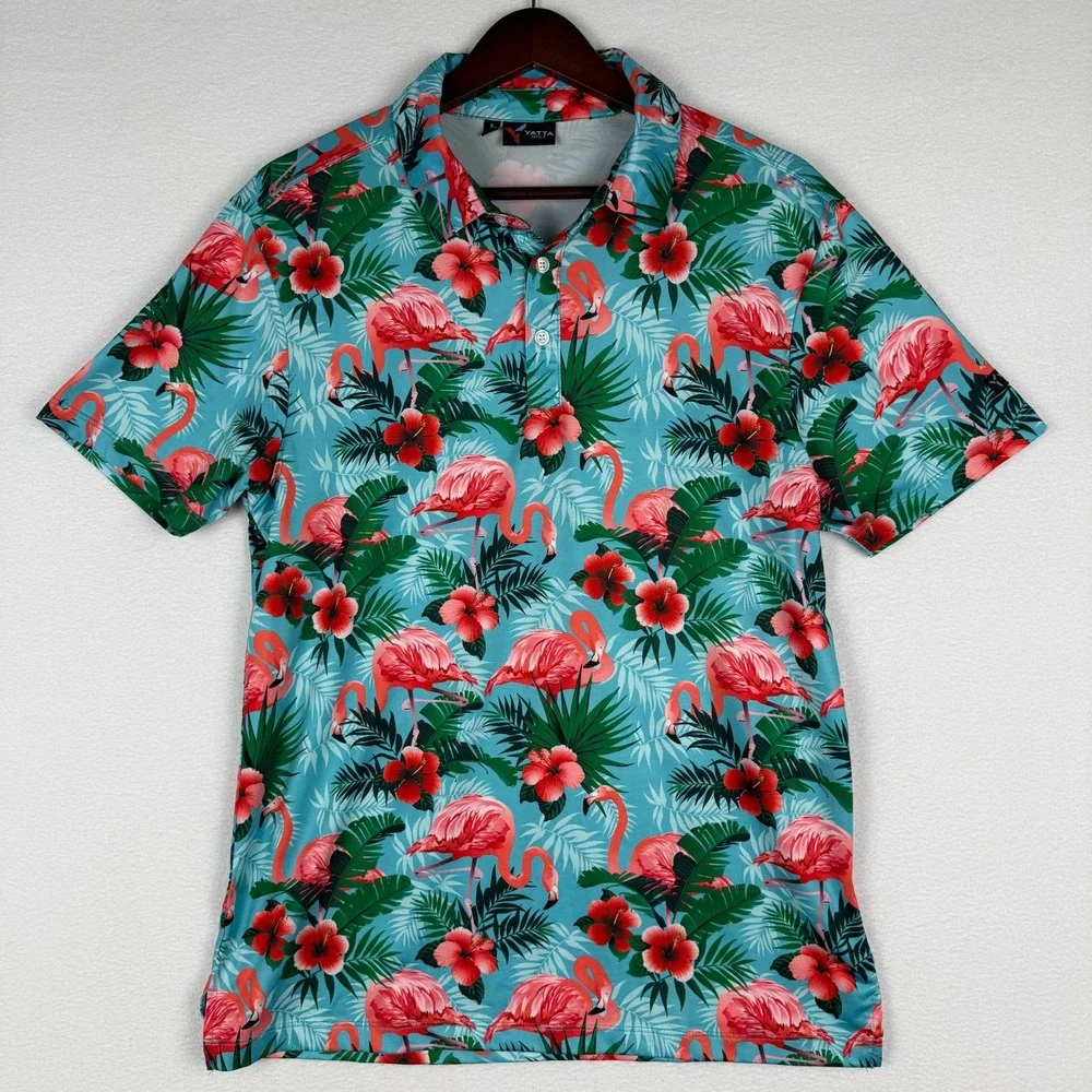 Yatta Golf Mens S‎ Flamingo Tropical Floral Performance Polo Shirt Turquoise AOP
